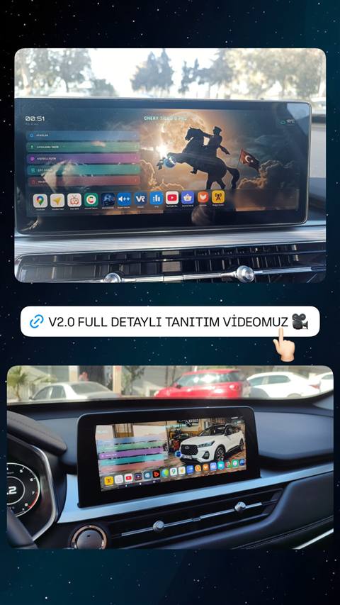 Chery Tiggo araclarina ait multimedya ekranlarinin ozellestirilmis ana menu gorunumunu gosteren iki fotograf ile aralarinda bir tanitim video linki paylasilmis.