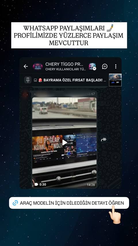 Chery Tiggo WhatsApp topluluk grubunun sabitlenmis mesajinda paylasilan, araba multimedya ekraninda navigasyon, muzik ve gorseller gosterilen bir video kaydinin ekran goruntusu.