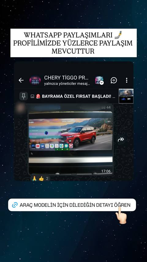 WhatsApp topluluk sayfasinda paylasilan Chery Tiggo 7 Pro multimedya ekrani goruntusu ve begeni tepkileri yer almaktadir.