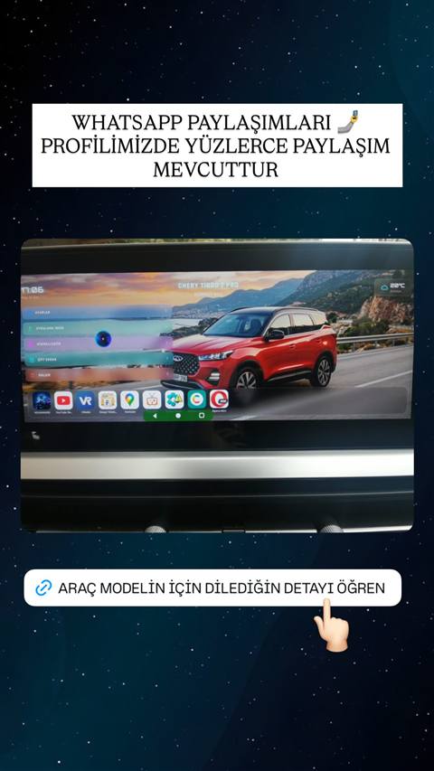Chery Tiggo 7 Pro aracinin multimedya ekraninda kisisellestirilmis baslangic ekrani ve uygulama simgeleri gorunmektedir.