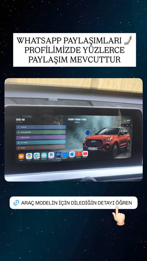 Chery Tiggo 7 Pro aracina ait multimedya ekraninda ozellestirilmis launcher menusu, uygulama kisayollari ve arac gorseli gosterilmektedir.