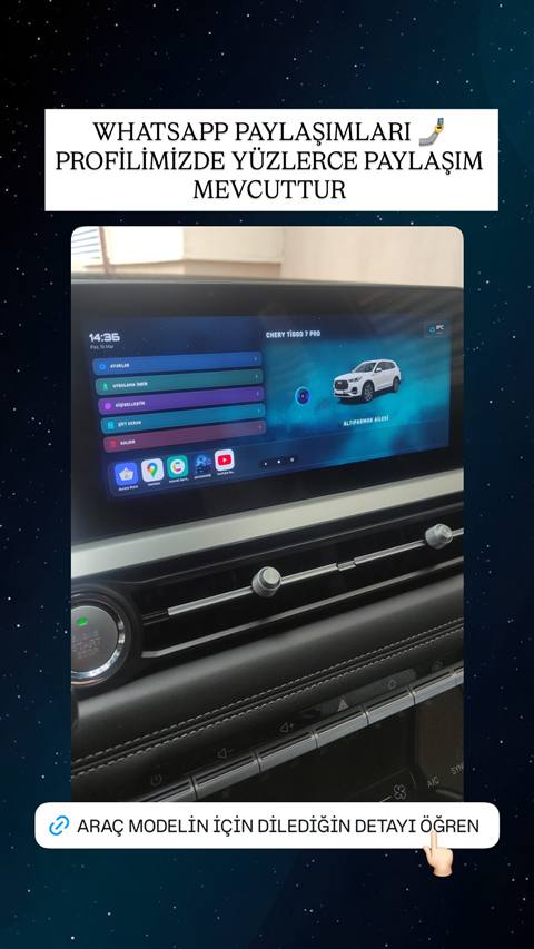 Chery Tiggo 7 Pro aracina ait multimedya ekraninda ozellestirilmis ana menu ve uygulamalar goruntulenmekte, WhatsApp topluluk paylasimlarina yonlendiren bir story gorseli.