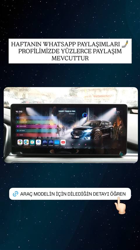 Chery Tiggo 8 Pro aracina ait multimedya ekraninda Muhaware temali baslangic ekrani ve uygulama menusu gosterilmis, ustunde WhatsApp paylasimlarini tanitan bir baslik yer aliyor.