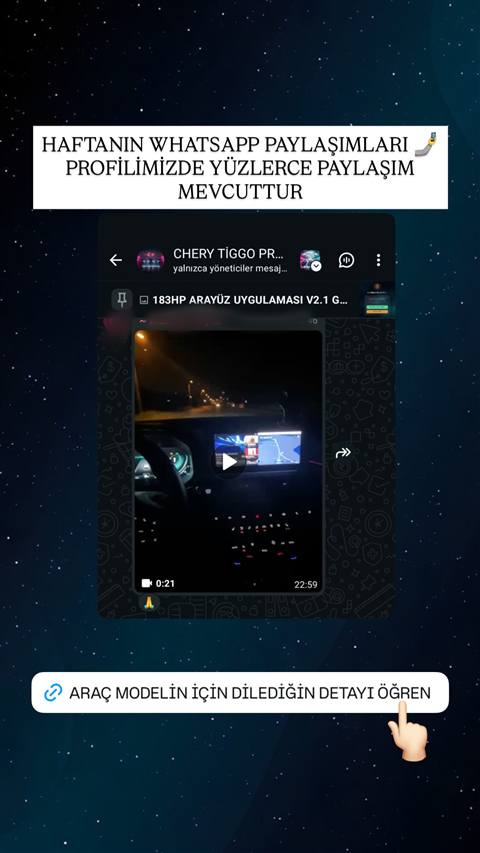 Instagram story üzerinde bir WhatsApp grubunda paylaşılan araç içi navigasyon ve multimedya ekranını gösteren gece çekimi video mesajı yer alıyor.