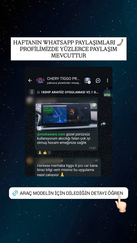 Chery Tiggo Pro grubunda 183HP arayüz uygulaması hakkında WhatsApp mesajları ve navigasyon ekranı görüntüsü paylaşılmış.