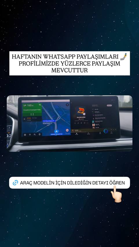 Araç multimedya ekranında navigasyon, müzik listesi ve favoriler bölümünün göründüğü bir görsel ile üstünde WhatsApp paylaşımlarını tanıtan başlık yazısı yer alıyor.