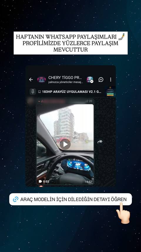 WhatsApp grubunda paylasilan bir aracin ic mekanindan on cam ve gosterge panelini gosteren kisa video kaydi.