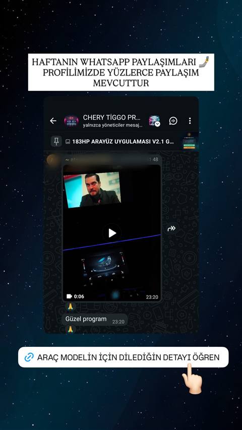 Chery Tiggo WhatsApp grubunda araç arayüzü uygulaması videosunun paylaşıldığı ve üyelerin olumlu yorum yaptığı bir sohbet ekran görüntüsü.