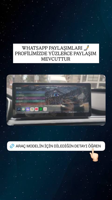 Chery Tiggo aracin multimedya ekraninda ozel bir tema/launcher arayuzu ve dag manzarali arka plan gorunuyor, ustunde WhatsApp topluluk paylasimlarini tanitan bir baslik metni yer aliyor.