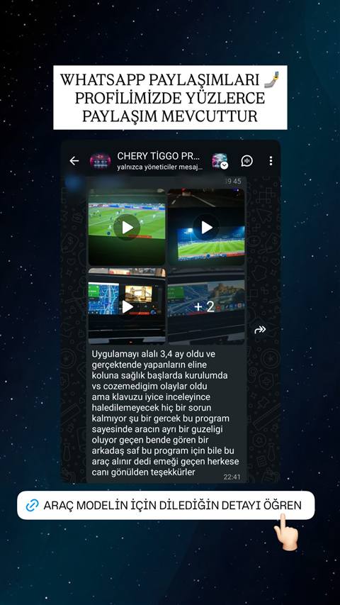 WhatsApp grubu ekran görüntüsü ve Chery Tiggo grubunda bir üyenin uygulama hakkındaki teşekkür ve olumlu deneyim mesajı paylaşılmış.