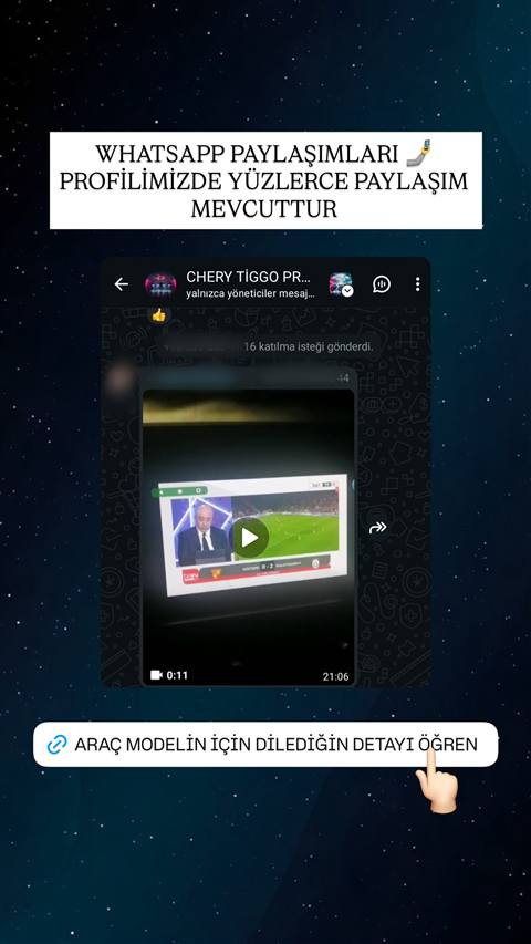 Chery Tiggo araç sahipleri WhatsApp topluluk profilinden alınan, spor kanalı video paylaşımı içeren bir sohbet ekran görüntüsü ve tanıtım metni bulunan story.