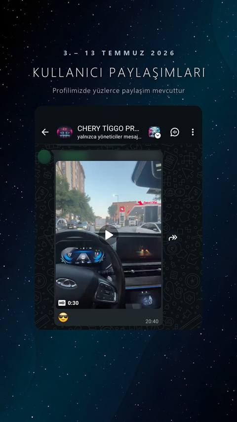 WhatsApp grubunda paylasilan, Chery Tiggo aracinin dijital gosterge panelini ve on cami manzarasini gosteren bir video mesaji.