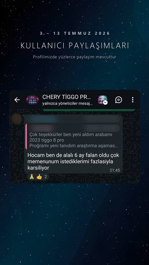 MUHAWARE kullanıcı yorumu (183HP Grubu): Çok teşekkürler ben yeni aldım arabamı
2023 tiggo 8 pro
Proğramı yeni tanıdım araştırma aşamas...
