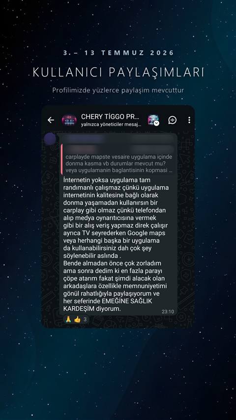 MUHAWARE kullanıcı yorumu (183HP Grubu): İnternetin yoksa uygulama tam randımanlı çalışmaz çünkü uygulama internetinin kalitesine bağlı olarak donma yaşamadan kullanırsın bir carplay gibi olmaz çünkü telefondan alıp medya oynarıtıcısına vermek gibi bir alış veriş yapmaz direk çalışır ayrıca TV seyrederken Google maps veya herhangi başka bir uygulama da kullanabilirsiniz dah çok şey söylenebilir aslında .
Bende almadan önce çok zorladım ama sonra dedim ki en fazla parayı çöpe atarım fakat şimdi alacak olan arkadaşlara özellikle memnuniyetimi gönül rahatlığıyla paylaşıyorum ve her seferinde EMEĞİNE SAĞLIK KARDEŞİM diyorum.