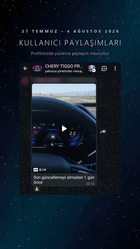 WhatsApp grubunda bir kullanıcının araç gösterge paneli ve direksiyondan çekilmiş, güncelleme öncesi son sürüşü gösteren bir video paylaşımı.