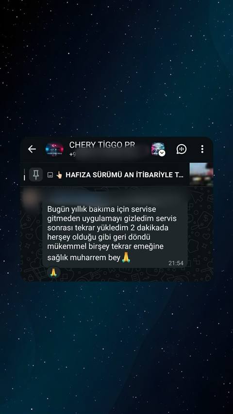 MUHAWARE kullanıcı yorumu (Garanti Paylaşımı): Bugün yıllık bakıma için servise gitmeden uygulamayı gizledim servis sonrası tekrar yükledim 2 dakikada herşey olduğu gibi geri döndü mükemmel birşey tekrar emeğine sağlık muharrem bey 🙏