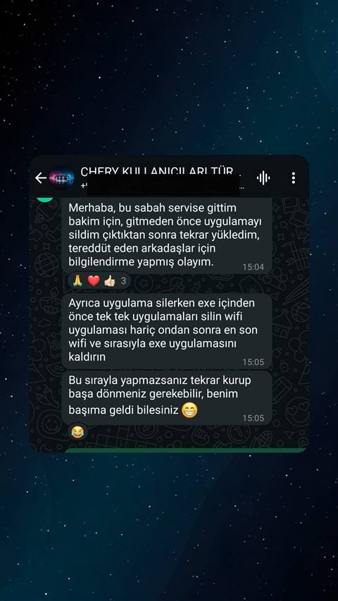 MUHAWARE kullanıcı yorumu (Garanti Paylaşımı): Merhaba, bu sabah servise gittim bakim için, gitmeden önce uygulamayı sildim çıktıktan sonra tekrar yükledim, tereddüt eden arkadaşlar için bilgilendirme yapmış olayım., {