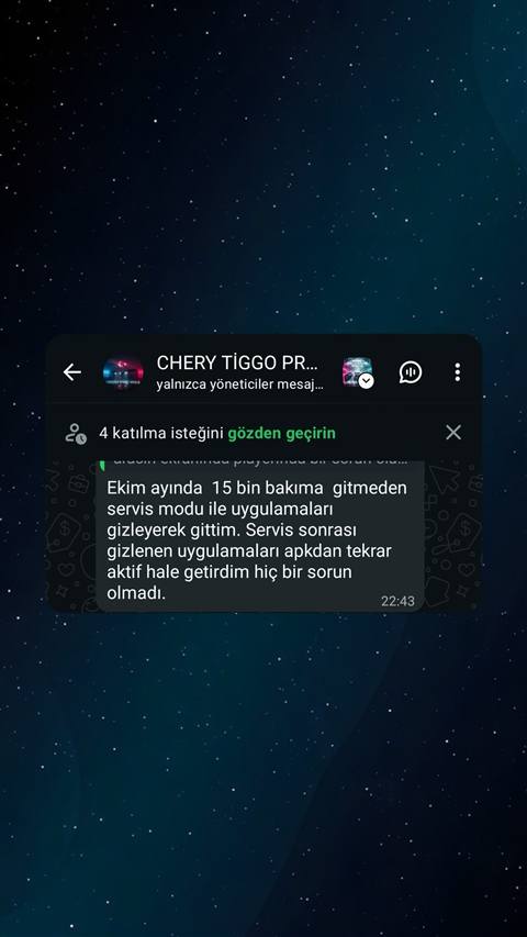 MUHAWARE kullanıcı yorumu (Garanti Paylaşımı): Ekim ayında  15 bin bakıma  gitmeden servis modu ile uygulamaları gizleyerek gittim. Servis sonrası gizlenen uygulamaları apkdan tekrar aktif hale getirdim hiç bir sorun olmadı.