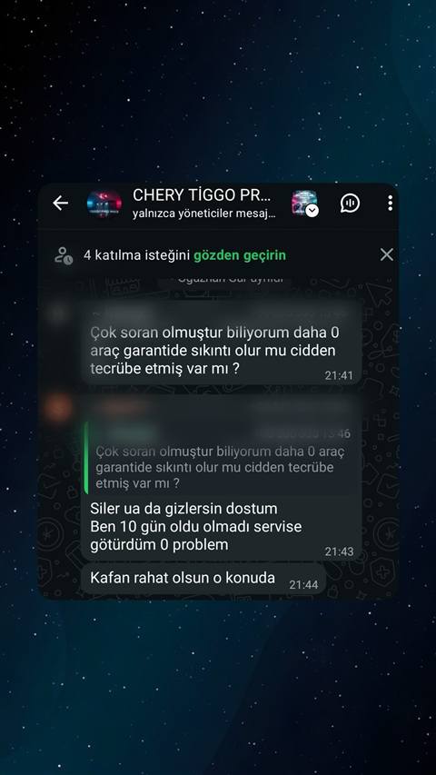 Chery Tiggo Pro grup WhatsApp sohbetinde araç garantisi ile ilgili soru ve olumlu deneyim paylaşımı içeren ekran görüntüsü.