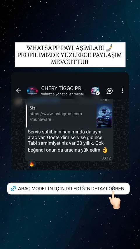 WhatsApp grup ekran goruntusunde bir uyenin servise gidip garanti konusunda arac sahibiyle paylasim yaptigini anlatan mesaji gosteriliyor.